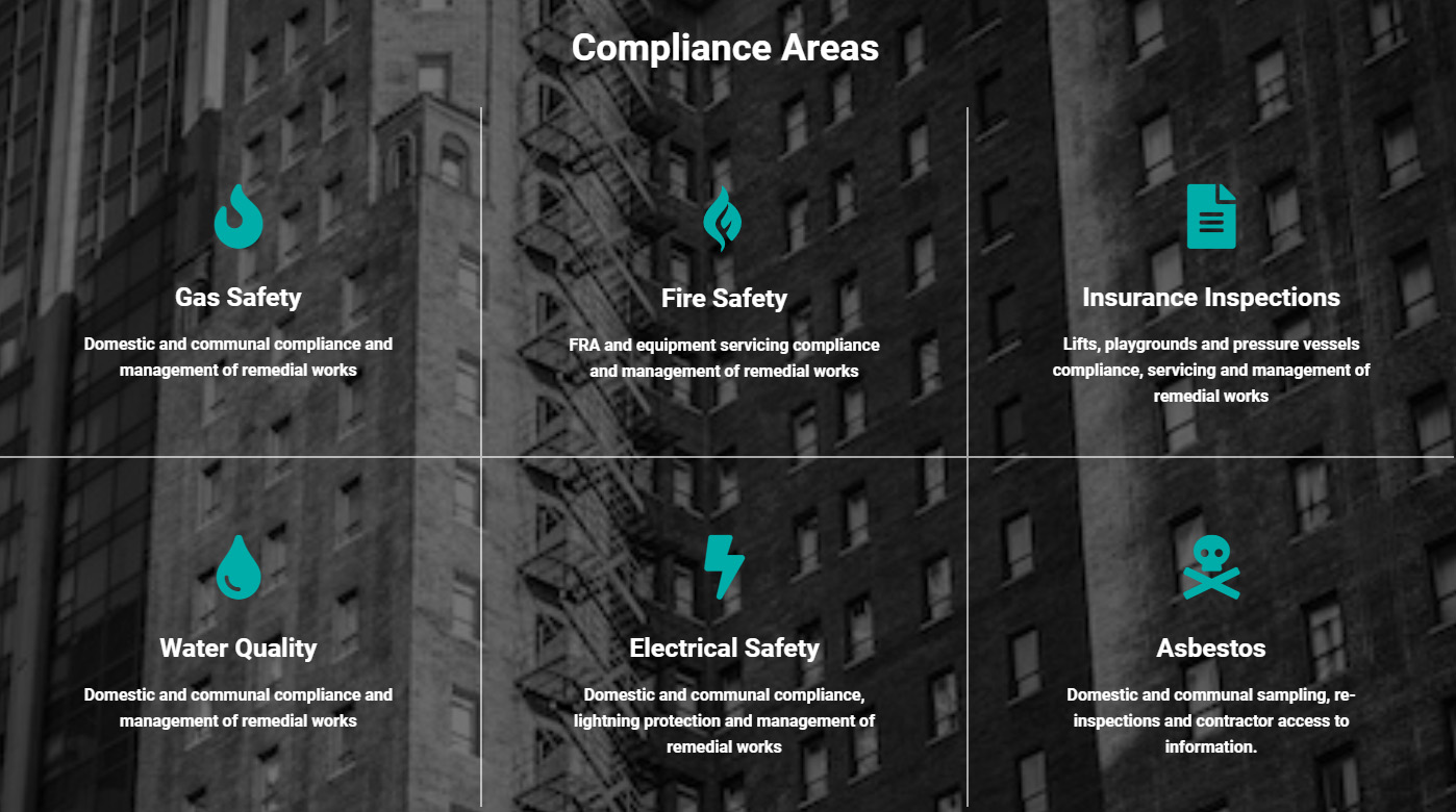 Compliance areas: gas safety, fire safety, insurance inspections, water quality, electrical safety and asbestos